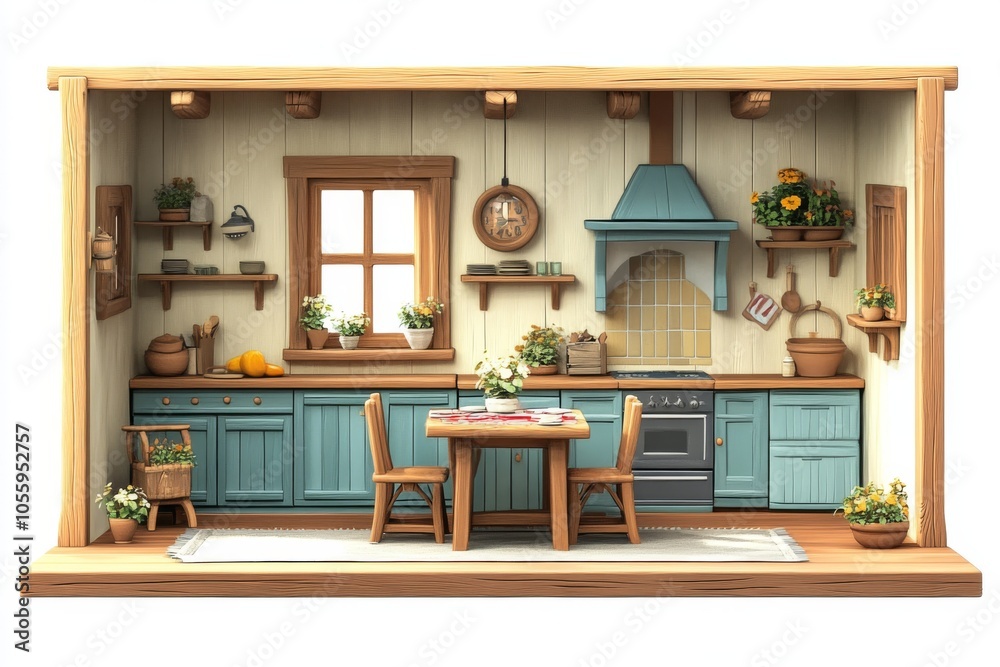 Fototapeta premium Cute Cartoon Kitchen Interior Design Illustration