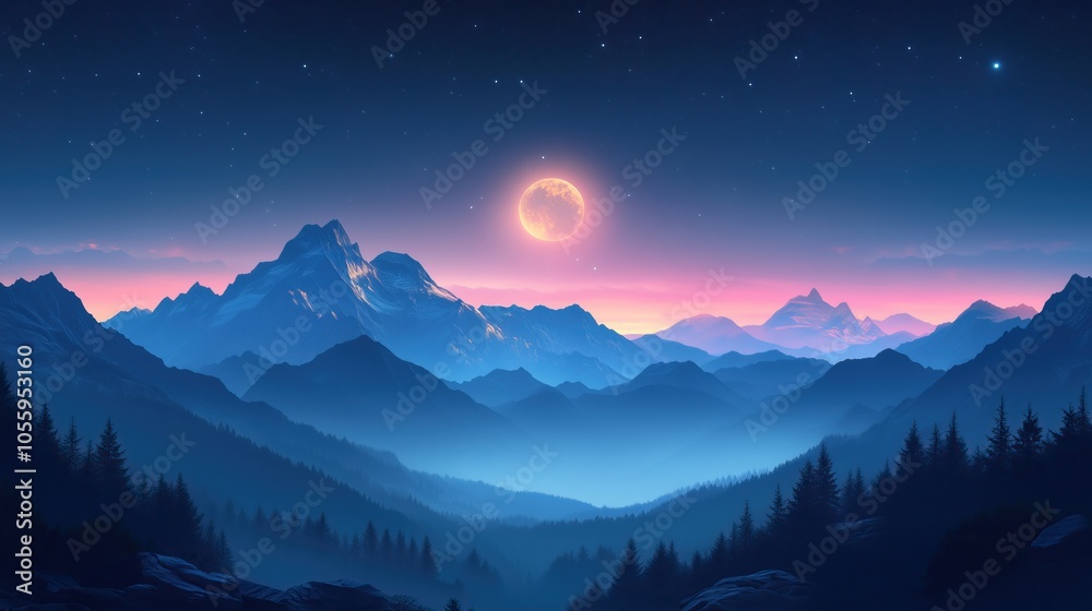 Silhouette of a mountain range with glowing fantasy light Silhouette of a mountain range with glowing fantasy light
