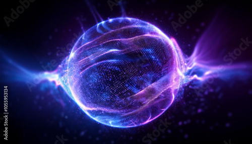 Neon energy sphere of particles and waves of magical glowing. Abstract round shape.