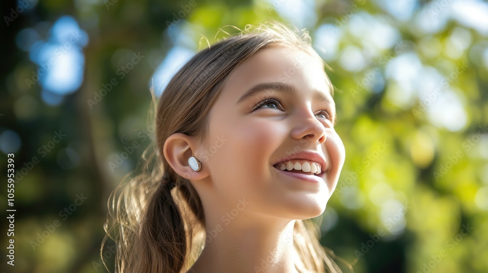 A teenage girl with a hearing aid smiling confidently outdoors. A teenage girl with a hearing aid smiling confidently outdoors.