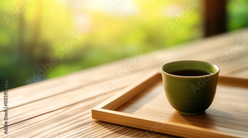 Green tea cup on wooden table in sunlight