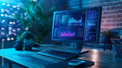 Modern desk setup with data analysis on a screen in a dim office photo