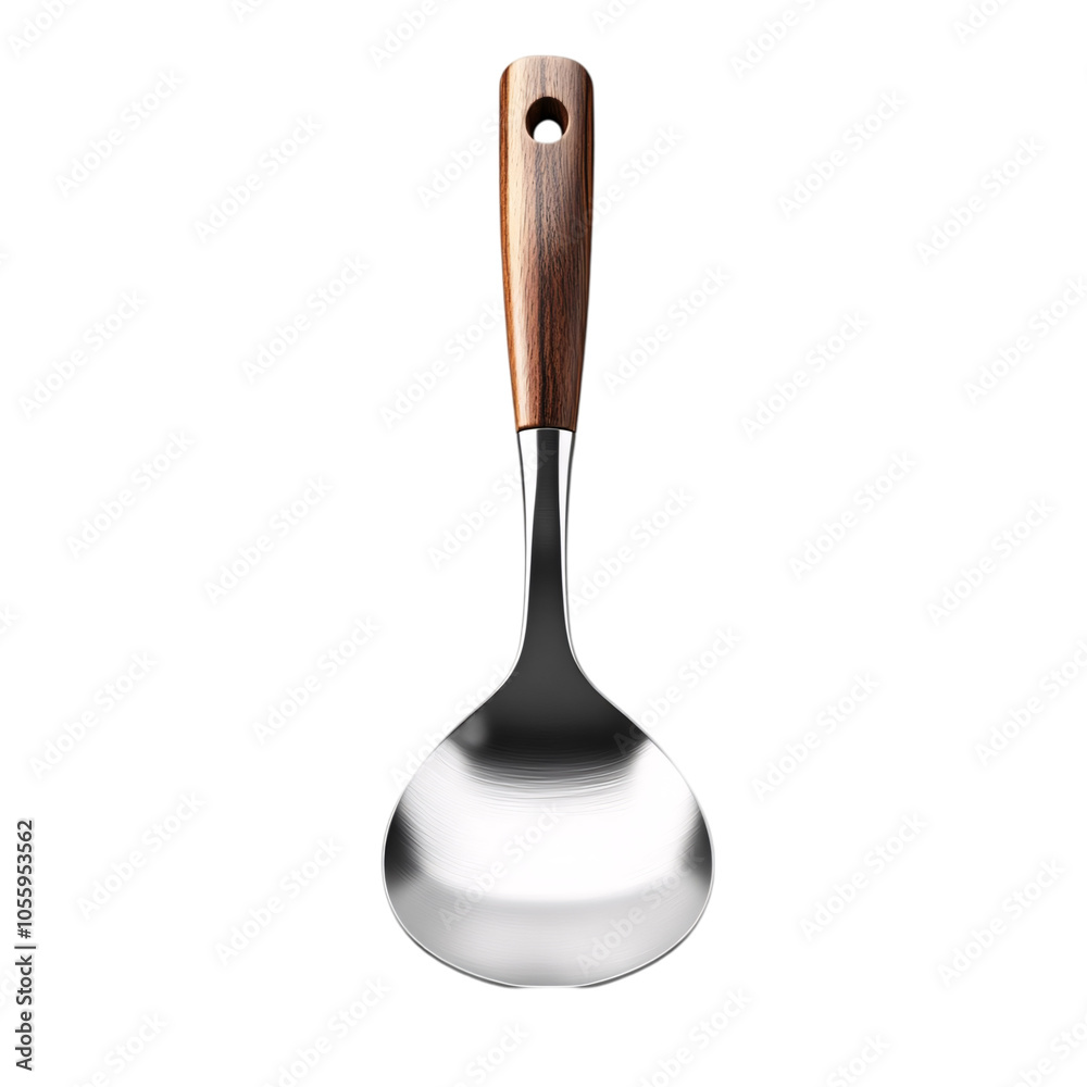 A sleek, modern ladle with a wooden handle, perfect for serving soups and sauces. Its stainless steel design adds elegance to any kitchen. A sleek, modern ladle with a wooden handle, perfect for serving soups and sauces. Its stainless steel design adds elegance to any kitchen.