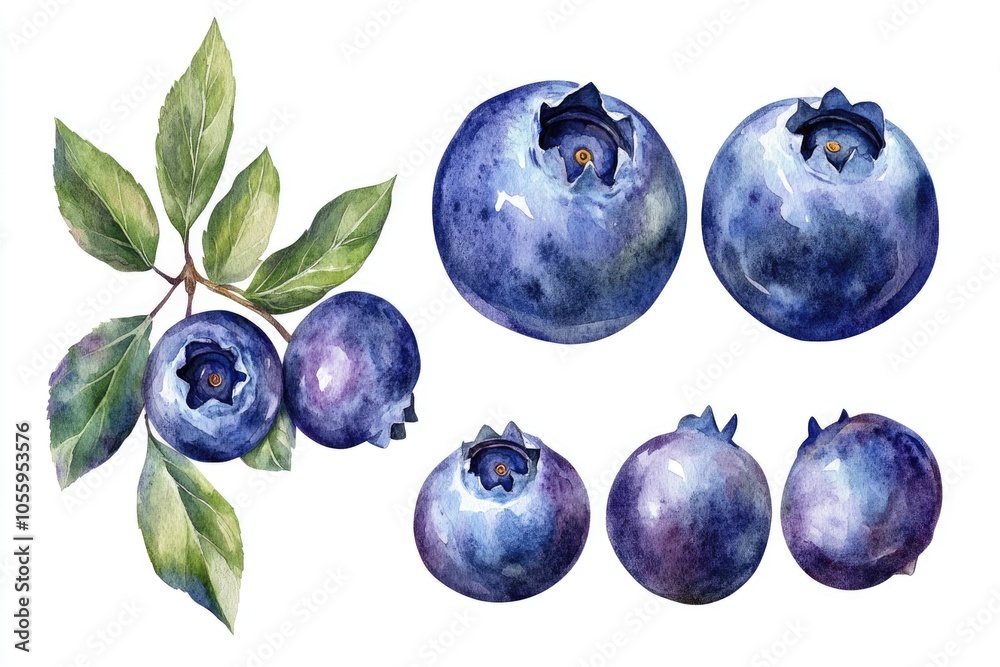Obraz premium Watercolor Blueberry Varieties Illustration Collection on White Background
