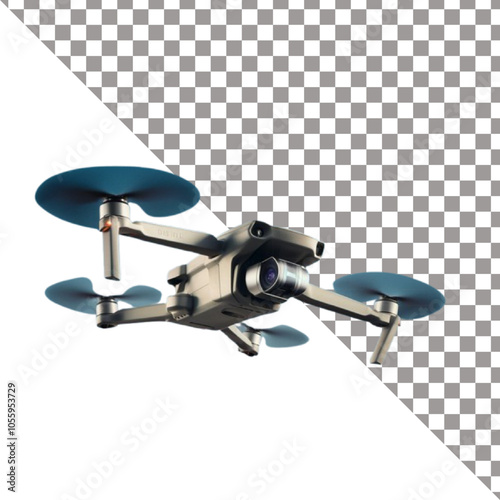 Modern UAV drone quadcopter with camera isolated on white background.
