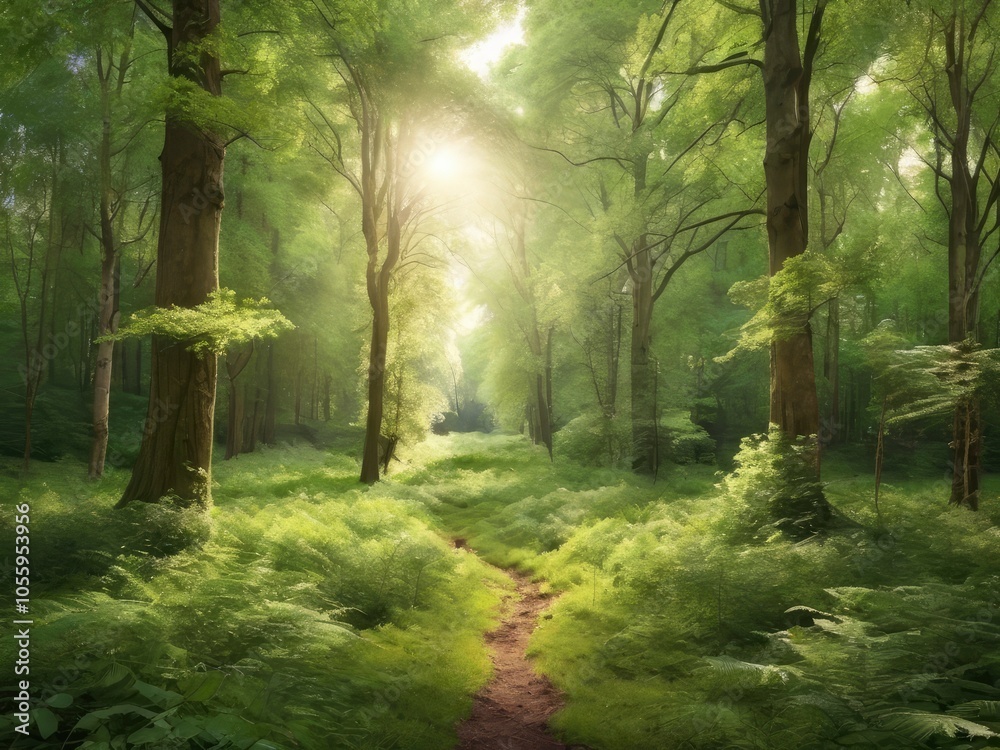 Fototapeta premium Sunlight in a green forest. Forest sunbeam. Ray of sunlight in forest green. Mossy forest sunbeam