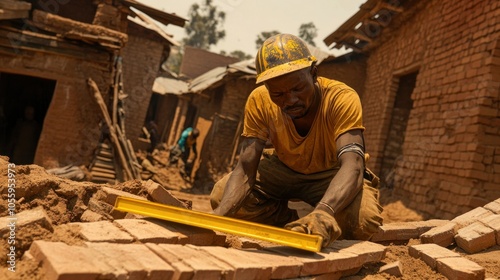 Construction Worker Using a Level to Lay Bricks