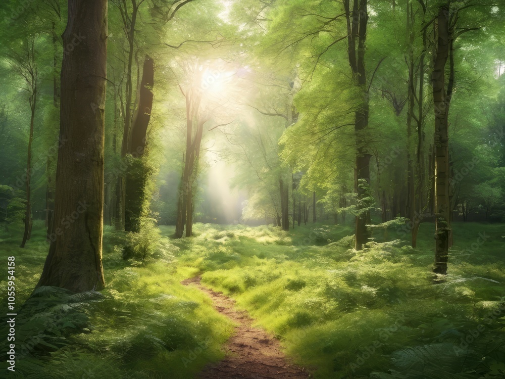 Obraz premium Sunlight in a green forest. Forest sunbeam. Ray of sunlight in forest green. Mossy forest sunbeam