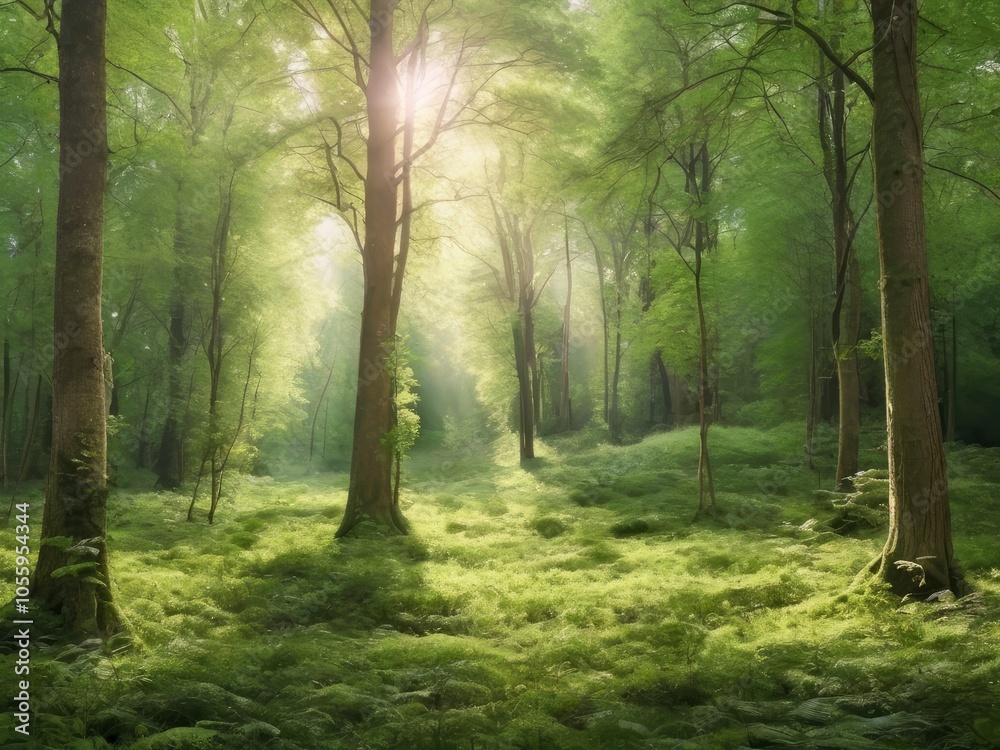 Sunlight in a green forest. Forest sunbeam. Ray of sunlight in forest green. Mossy forest sunbeam
