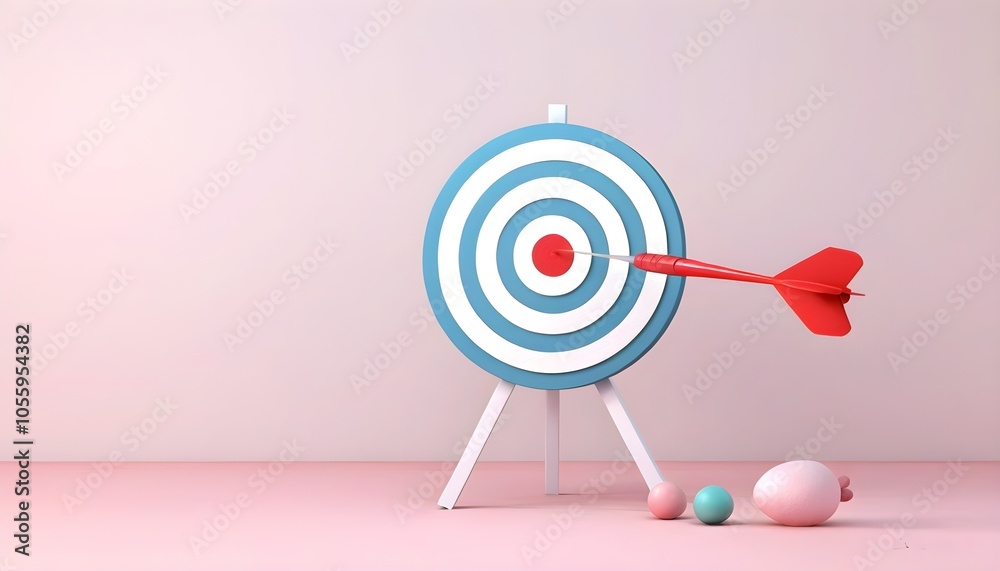 Precision and Success: Red Dart Striking Bullseye on Black and White Dartboard with Turquoise Backdrop Precision and Success: Red Dart Striking Bullseye on Black and White Dartboard with Turquoise Backdrop