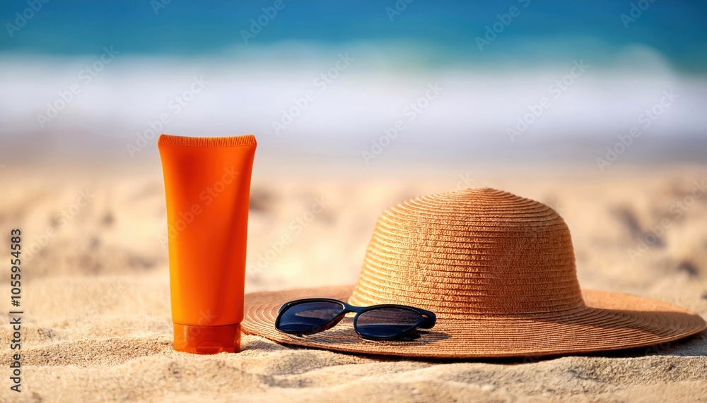 Sunscreen, straw hat, and sunglasses on sandy beach, summer vacation essentials. Sunscreen, straw hat, and sunglasses on sandy beach, summer vacation essentials.