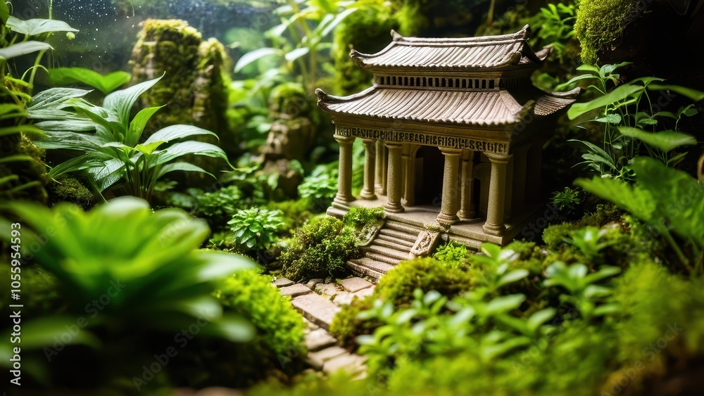 A detailed terrarium landscape featuring an ancient temple model nestled among vibrant green plants and moss, evoking a mystical forest ambiance.