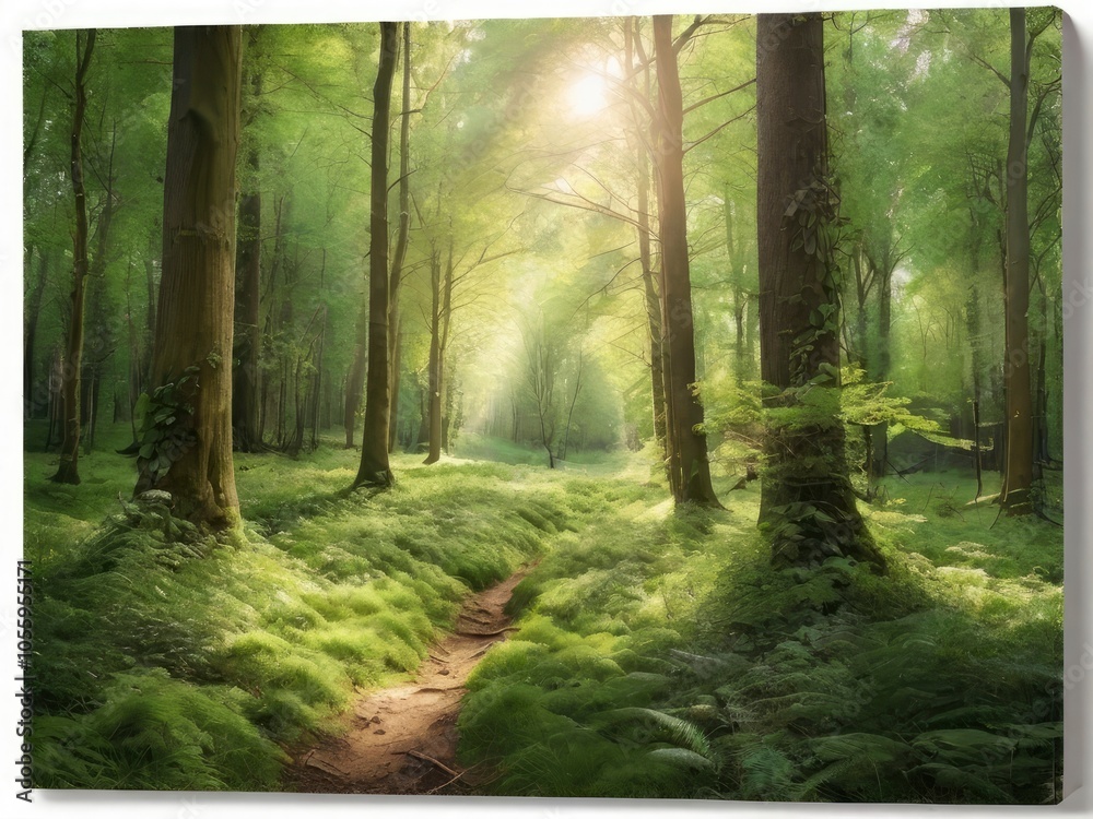 Obraz premium Sunlight in a green forest. Forest sunbeam. Ray of sunlight in forest green. Mossy forest sunbeam