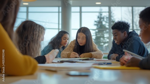 diverse students gathered around a large table in a modern classroom