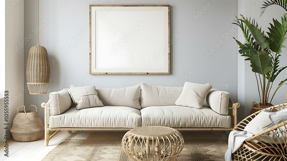 Naklejka premium Modern Interior of Stylish Living Room ,Wall Mock Up, Frame , Poster with Beautiful Background, 3d render