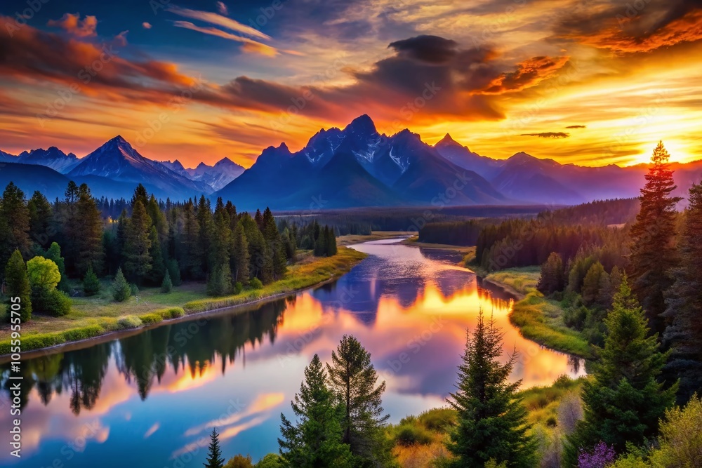Obraz premium Sunrise Silhouette: Majestic Mountains, Serene Rivers, and Lush Trees in Dawn's Embrace