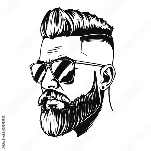 a black and white illustration of a man's face. The man has a beard and mustache, and is wearing sunglasses. His hair is styled in a high fade,