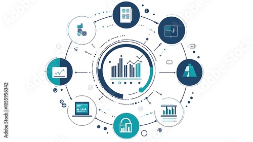 A circular diagram with icons representing data, Business infographic chart on white background