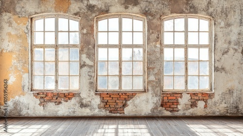 Textured old wall with expansive panoramic windows, with clear space for adding text or graphics.