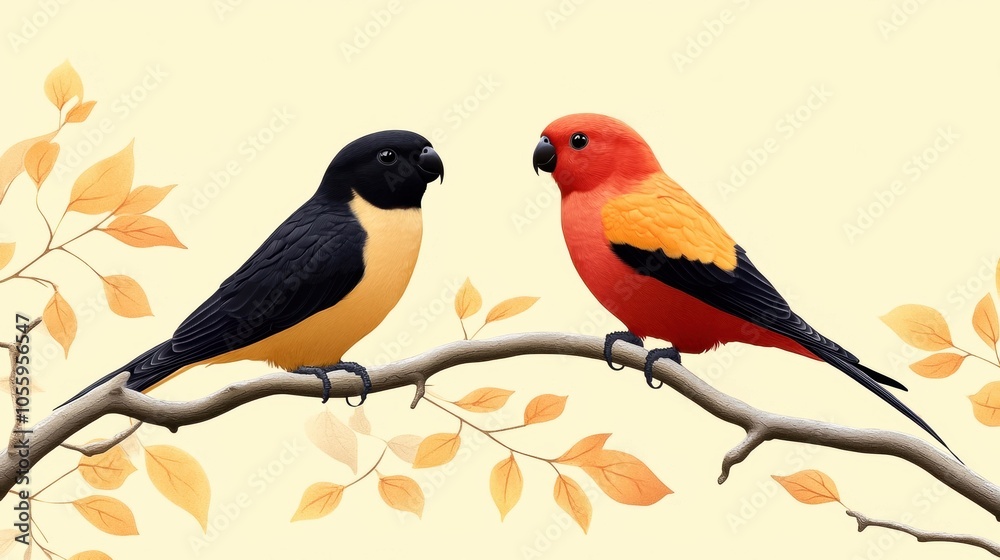 Two colorful birds perched on a branch with autumn leaves, soft pastel background. Two colorful birds perched on a branch with autumn leaves, soft pastel background.