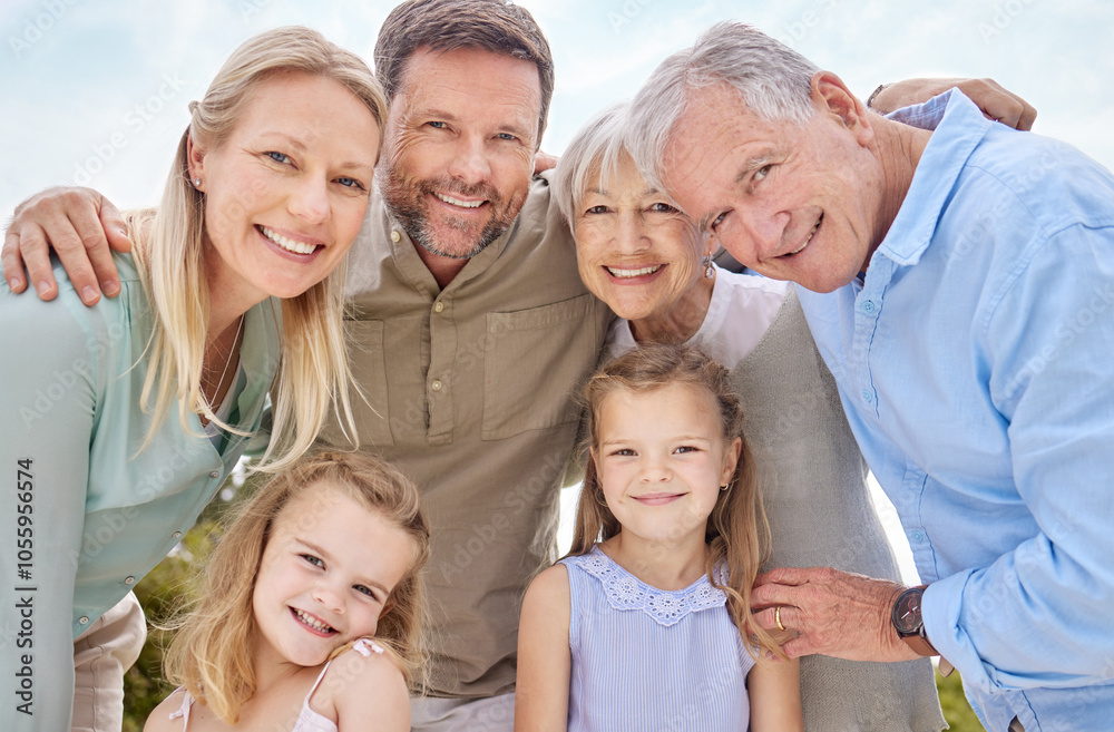 Portrait, grandparents and parents in park with kids, smile and outdoor support on weekend morning together. Mom, dad and girl children in garden for happy family bonding, relax and love in nature Portrait, grandparents and parents in park with kids, smile and outdoor support on weekend morning together. Mom, dad and girl children in garden for happy family bonding, relax and love in nature