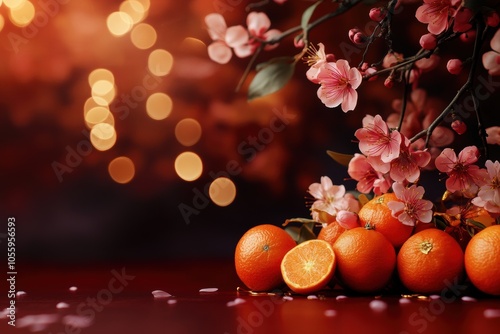 Bright tangerines and delicate cherry blossoms create a harmonious still life with a festive touch. The warm bokeh background adds a magical ambiance. Generated AI
