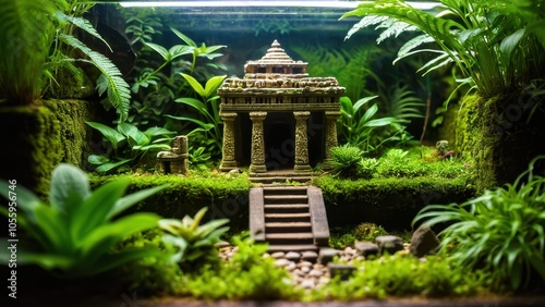 A detailed terrarium landscape featuring an ancient temple model nestled among vibrant green plants and moss, evoking a mystical forest ambiance.