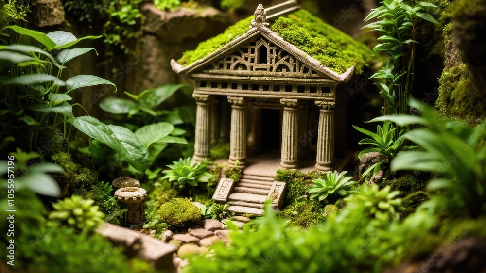 A detailed terrarium landscape featuring an ancient temple model nestled among vibrant green plants and moss, evoking a mystical forest ambiance.