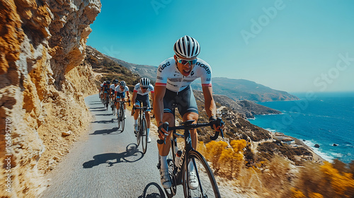 Group of cyclists racing along coastal mountain road, showcasing strength and endurance under bright blue sky with ocean views in background Group of cyclists racing along  coastal mountain 