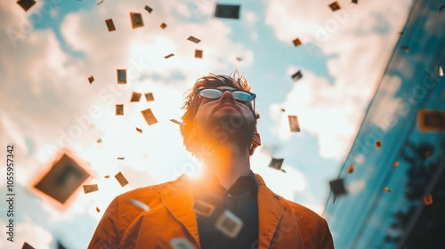 Man standing in a sea of falling dollar bills under sunlight photo