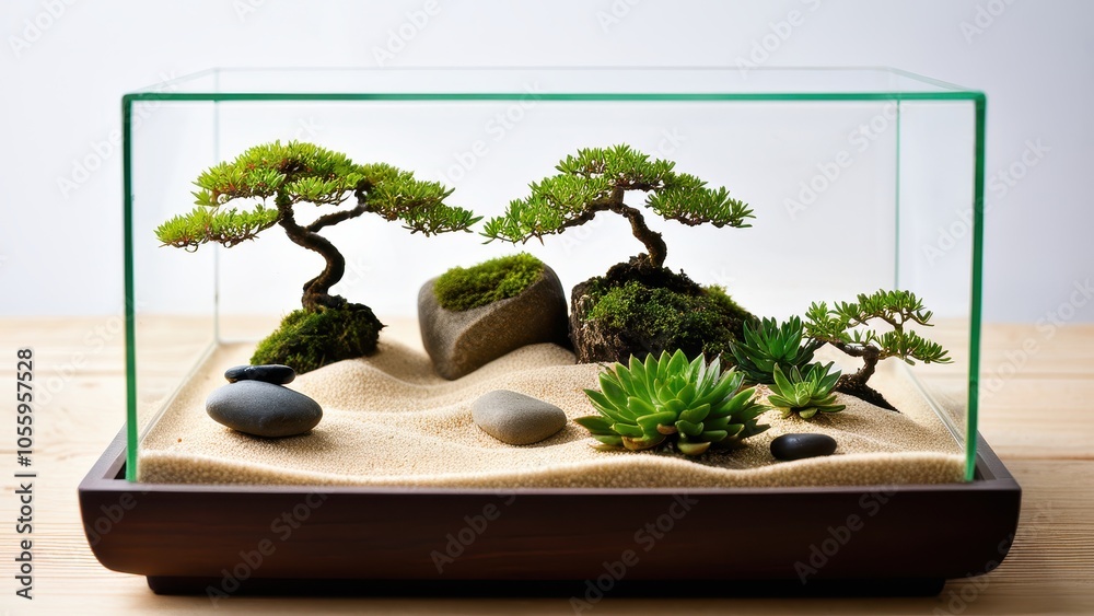 A glass bowl terrarium with a miniature bonsai tree, stones, and sand, blending natural elements in a peaceful, minimalist design. A glass bowl terrarium with a miniature bonsai tree, stones, and sand, blending natural elements in a peaceful, minimalist design.