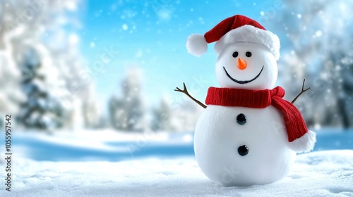 Cheerful snowman with a red scarf and hat in a snowy winter landscape.