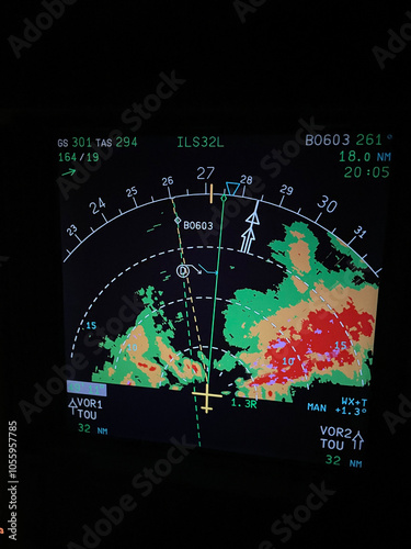 Close up shot on the weather radar on the Navigation Display screen of a modern airliner, visible returns