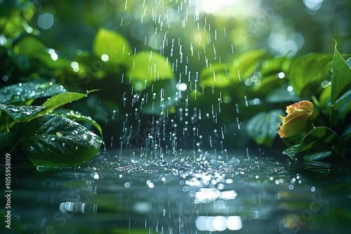 Rain drops falling on green leaves in forest generated.AI