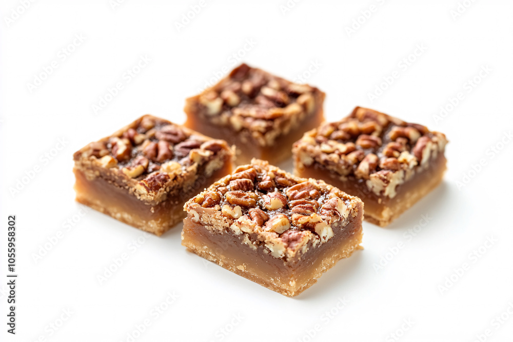 delicious pecan caramel bars on white background delicious pecan caramel bars on white background