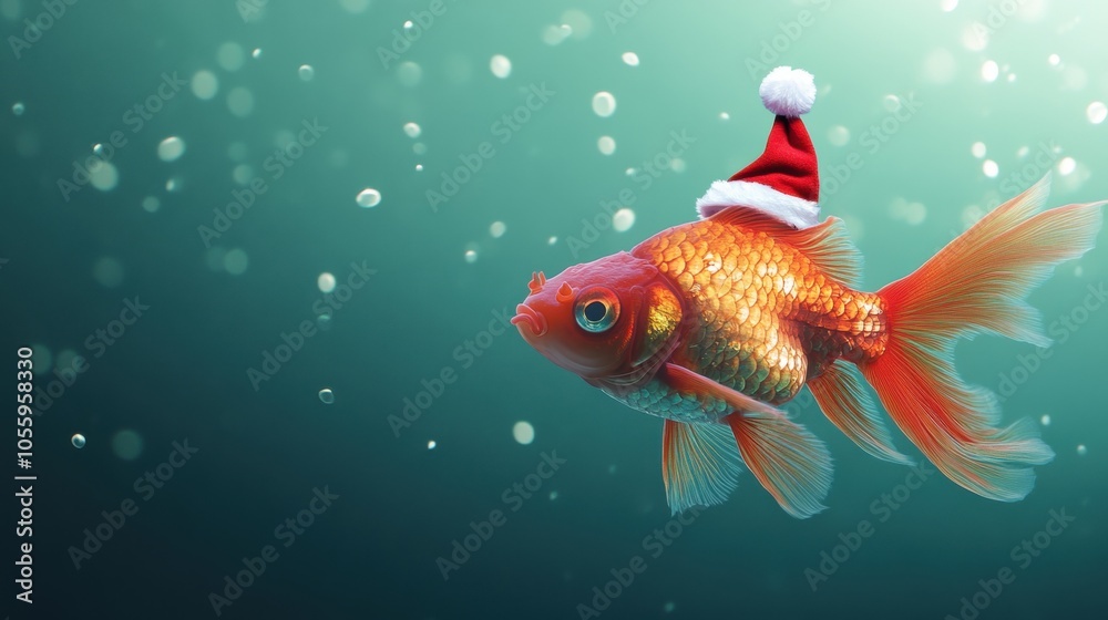 Fototapeta premium A fish wearing a Santa hat is swimming in a tank