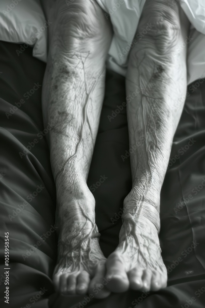 Fototapeta premium Elderly Patient's Legs with Visible Veins and Swelling Indicating Possible Thrombus