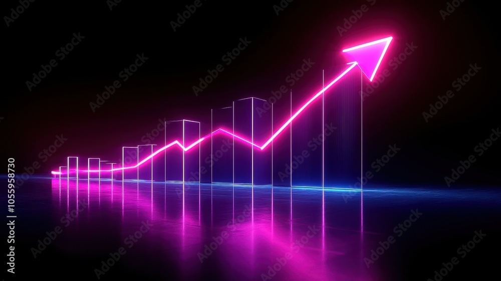 Neon graph with upward trend, glowing lines and arrows, dark background. Neon graph with upward trend, glowing lines and arrows, dark background.