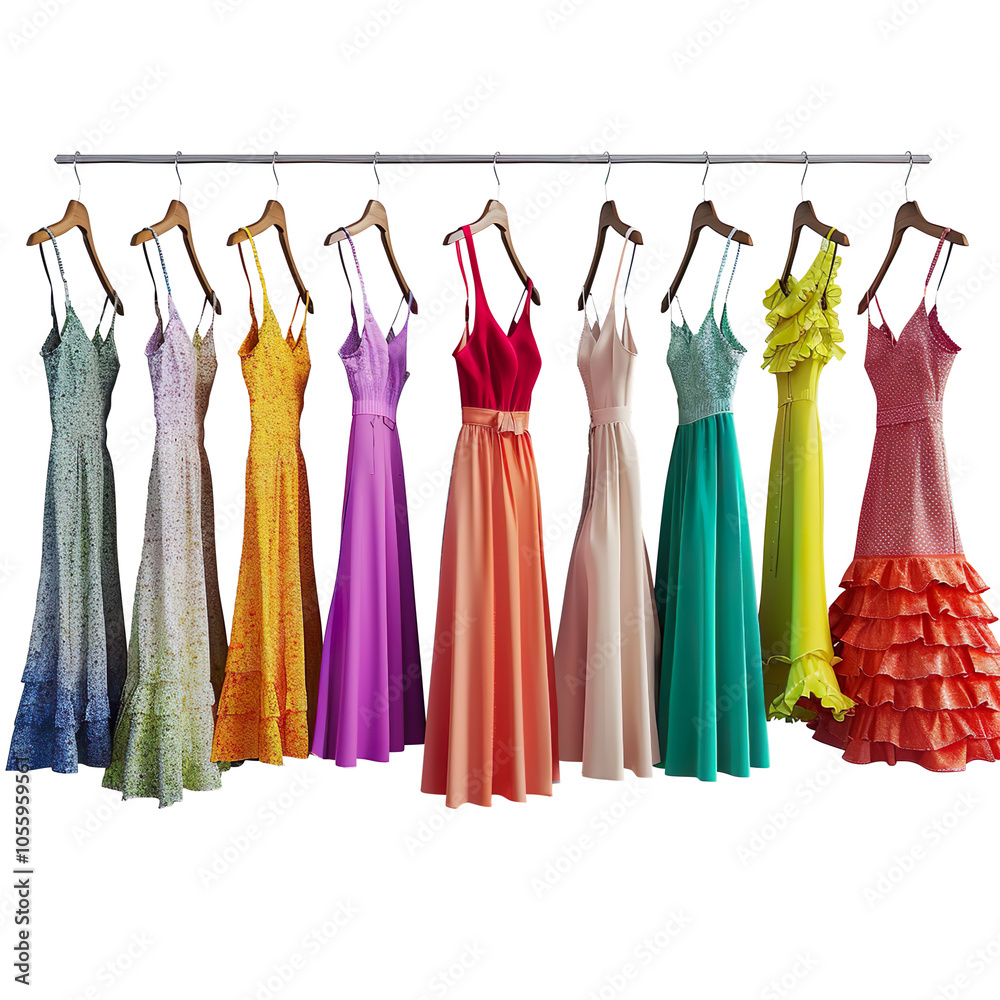 Colorful Evening Gowns on Hangers on a Transparent Background Colorful Evening Gowns on Hangers on a Transparent Background