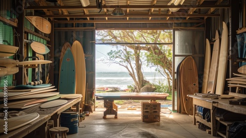 Coastal Surfboard Workshop with Craftsmen Shaping Boards by Hand for Ocean Enthusiasts photo