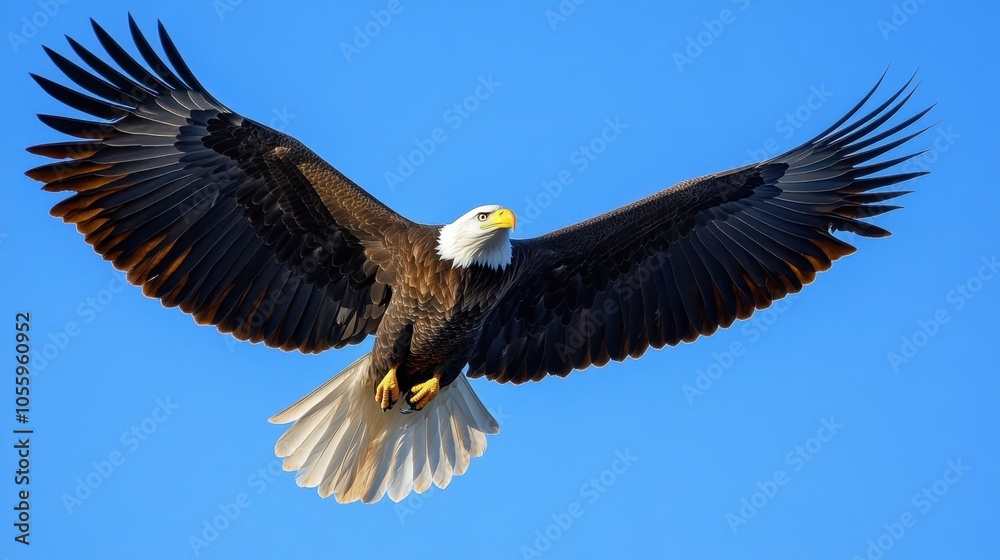Naklejka premium A majestic bald eagle soaring against a clear blue sky, its wings fully spread.
