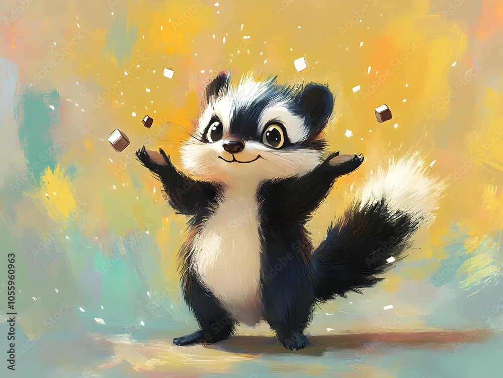 A cheerful cartoon raccoon juggling colorful cubes on a vibrant background. A cheerful cartoon raccoon juggling colorful cubes on a vibrant background.