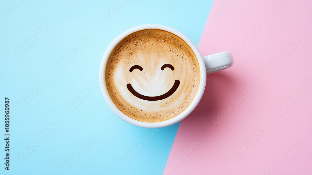 A cappuccino coffee cup excellent hot coffee with foam milk and a smile on a top view with a colorful background. nice morning, inspiring, and in a nice attitude.
