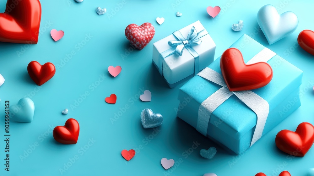 Colorful gift boxes with hearts on a blue background. Colorful gift boxes with hearts on a blue background.