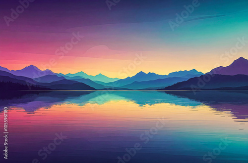 Silhouette of Distant Mountains and a Lake watercolor vector painting art illustration 