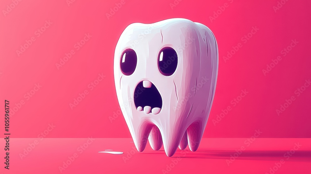 A cute cartoon tooth character with a surprised expression on a bright pink background. A cute cartoon tooth character with a surprised expression on a bright pink background.