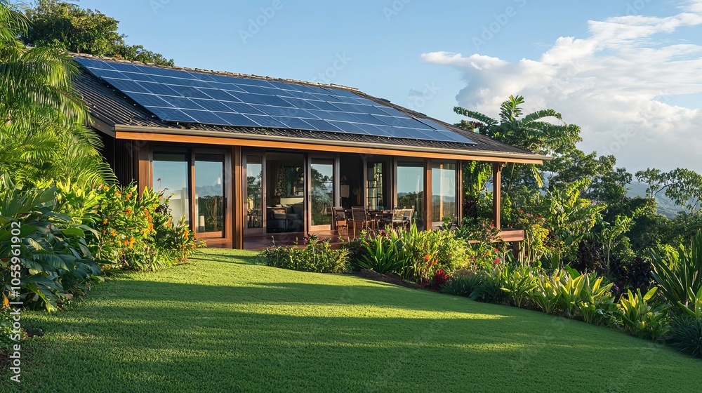 eco-friendly house with big windows for natural light, a lush garden with native plants, and solar panels on the roof. eco-friendly house with big windows for natural light, a lush garden with native plants, and solar panels on the roof.