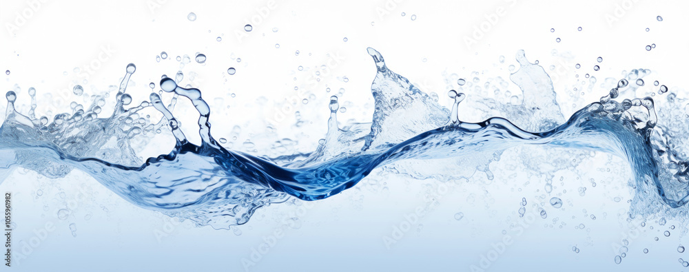 Elegant Flowing Wave of Blue Water with Splashing Droplets on a White Background Elegant Flowing Wave of Blue Water with Splashing Droplets on a White Background