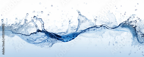 Elegant Flowing Wave of Blue Water with Splashing Droplets on a White Background