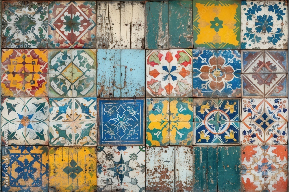 A colorful mosaic of tiles with a rustic, vintage feel A colorful mosaic of tiles with a rustic, vintage feel